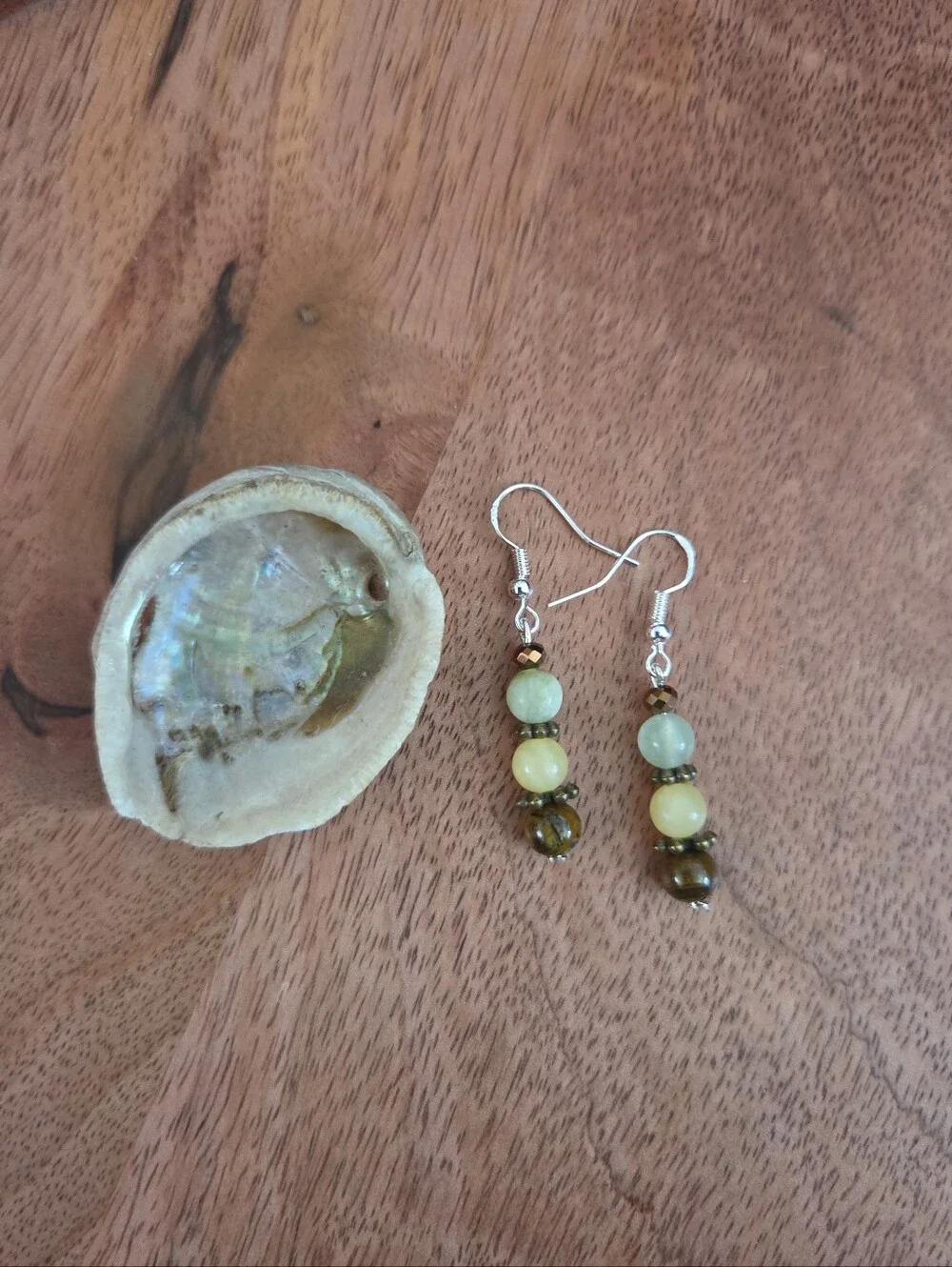Bohemian Green Yellow Brown Beaded Drop Earrings Fairy Whimsical Handmade Gift